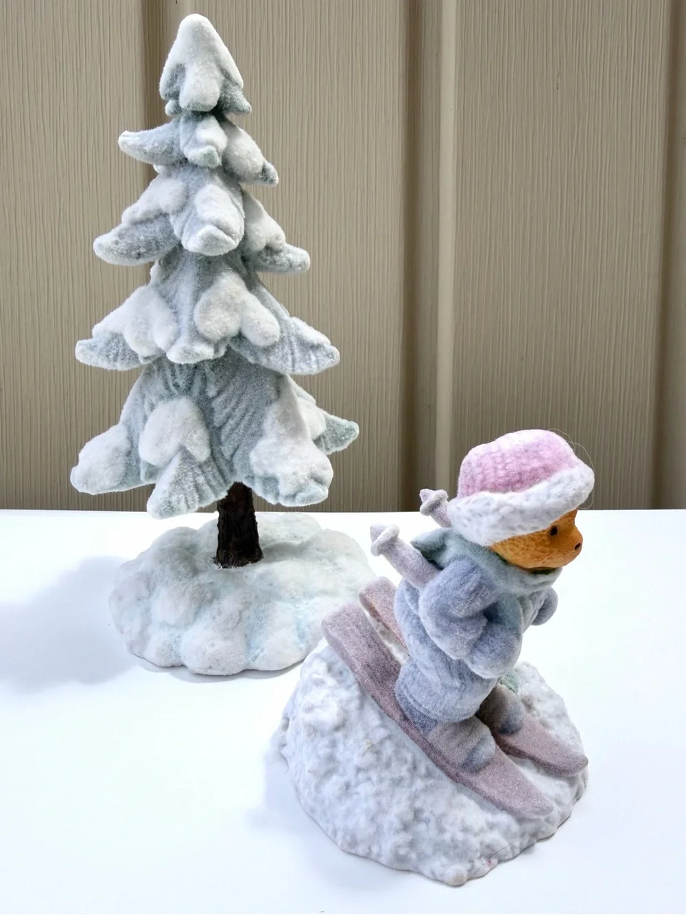 Vintage Flocked Snowy Tree & Skiing Bear Figurine Christmas Holiday Winter Decor
